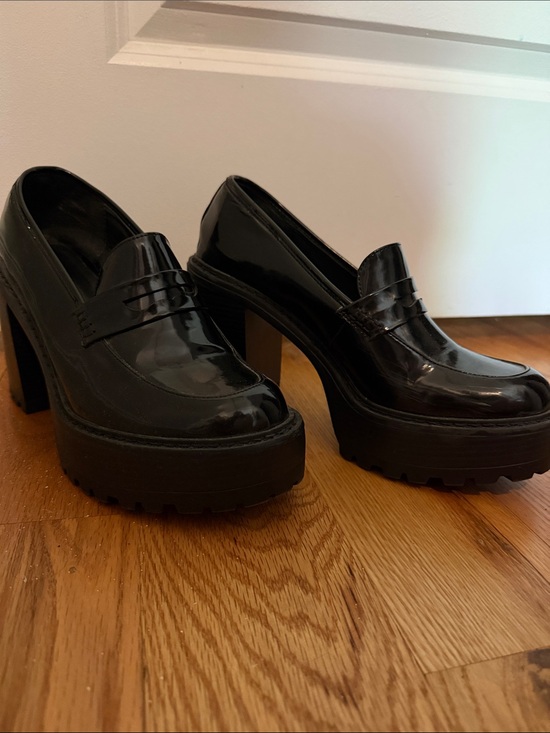 Madden Girl Shoes - Platform Block Heel Penny Loafers in Black